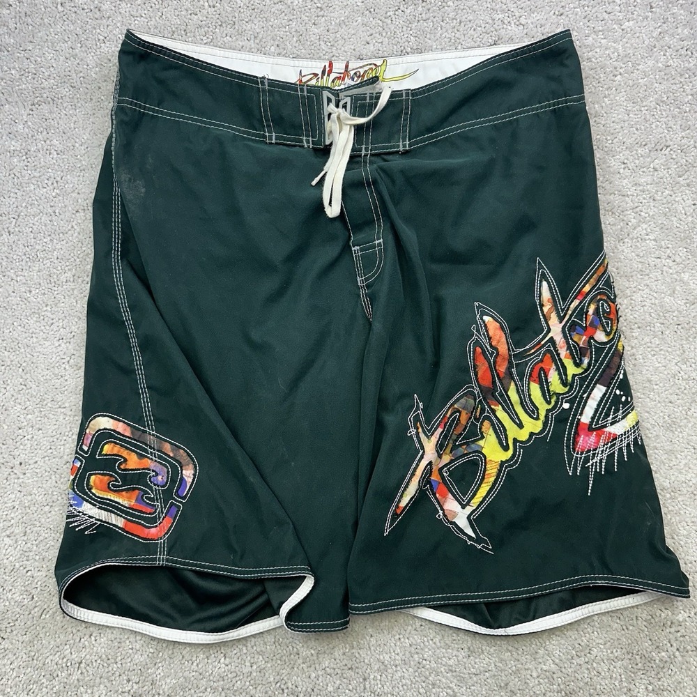 Vtg Billabong Board Shorts Mens 38 Green Graphic Spellout Y2K Surf Swim Trunks